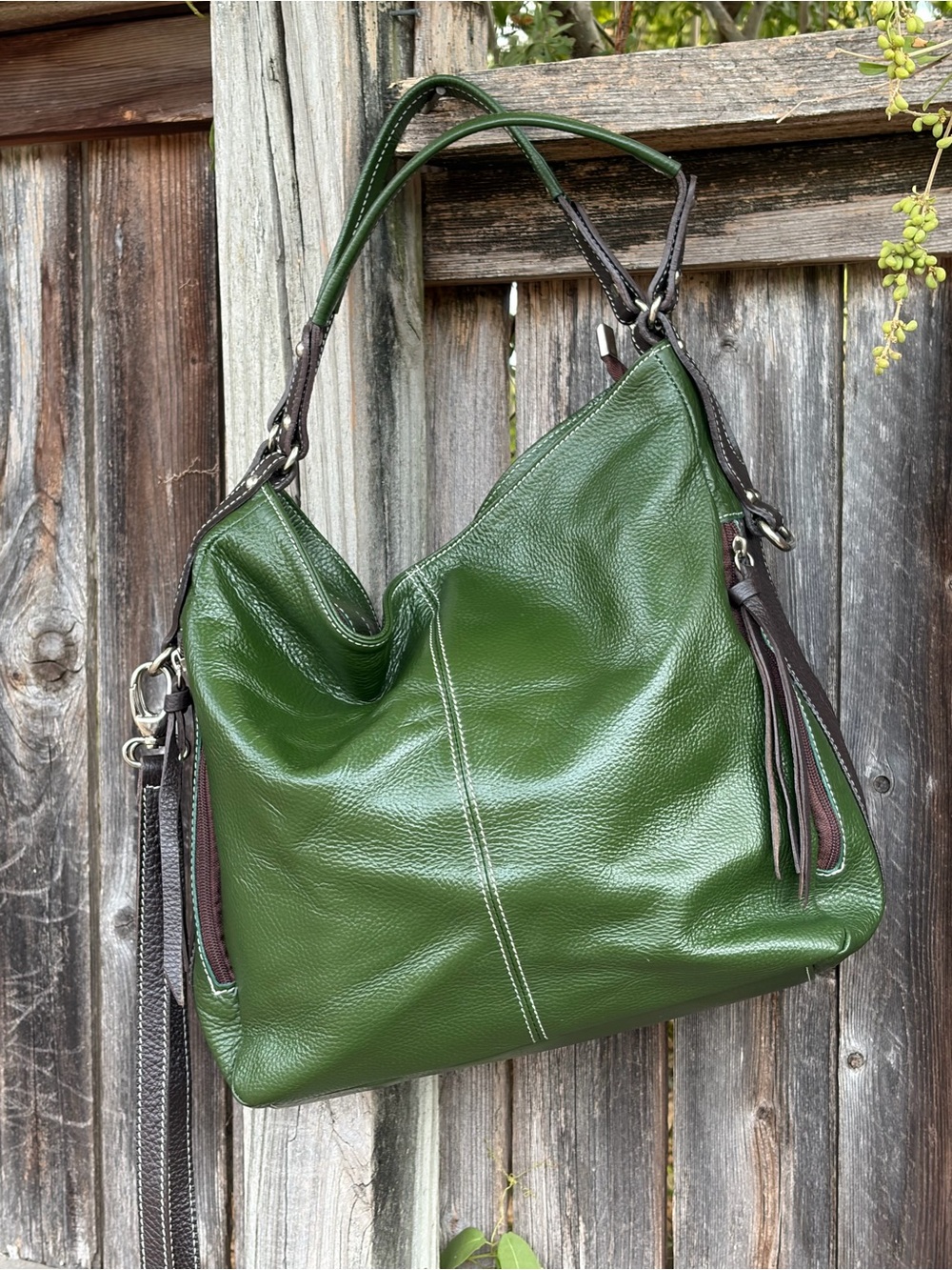 Vera Pelle Forest Green Leather Shoulder Hobo with Brown Trim